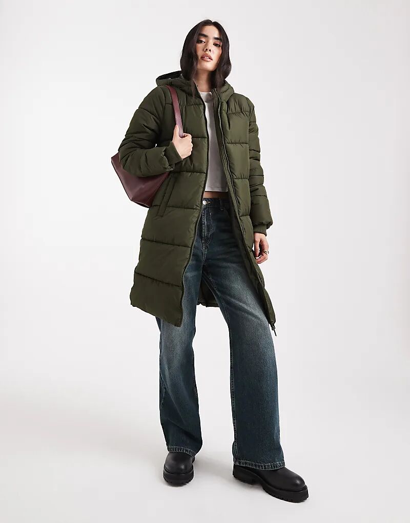 

Длинное утепленное пальто Pieces с капюшоном цвета глубокого хаки