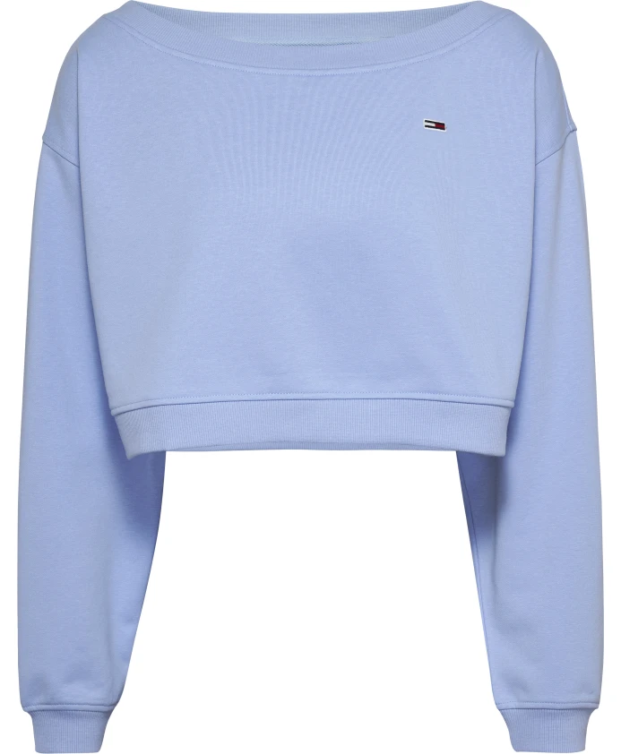 

Укороченный синий пуловер с вырезом-лодочкой и рукавами-фонариками. Tommy Jeans, синий