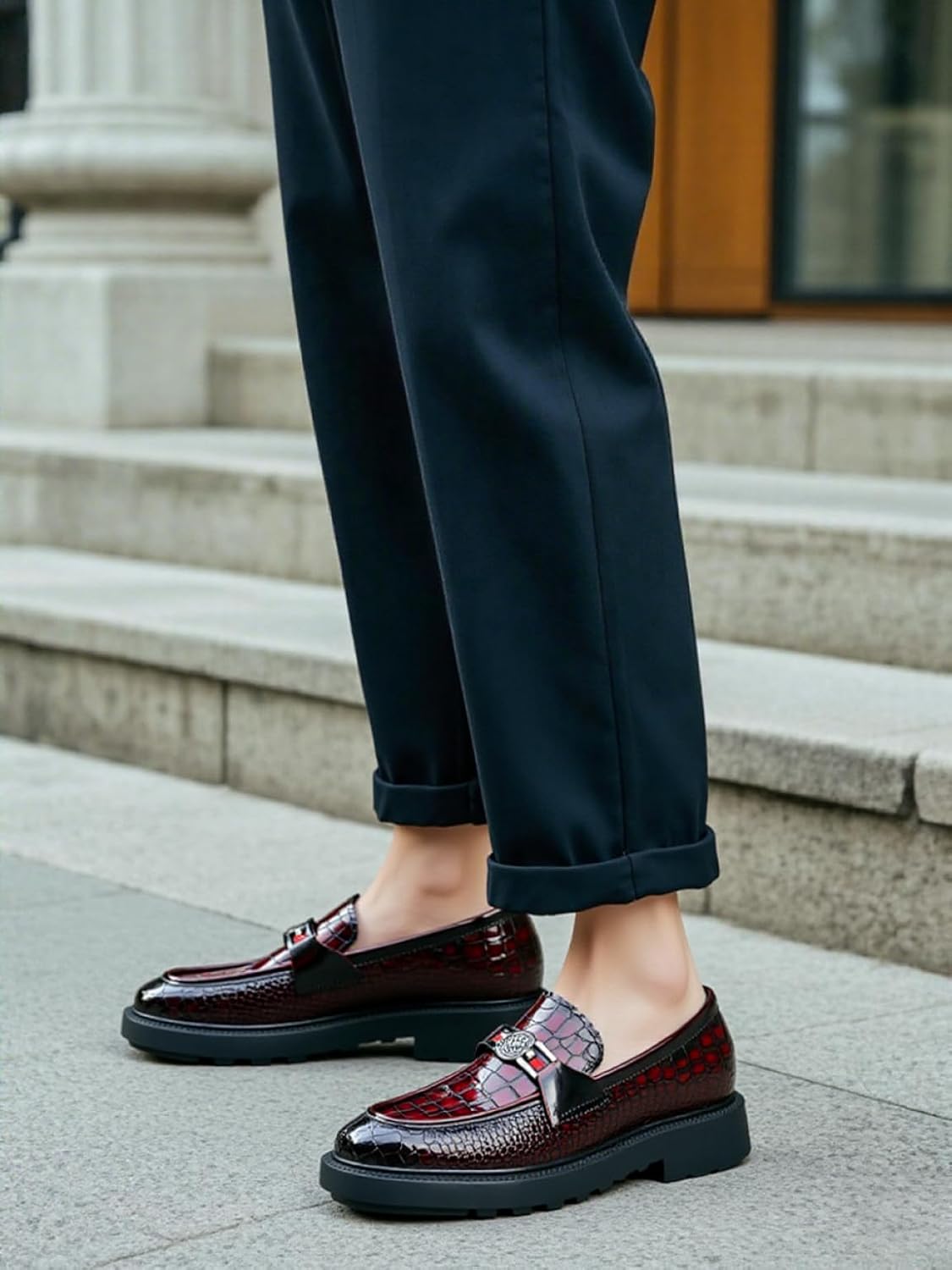 Мужские кожаные лоферы GOLDEN COXES с ремешком, на платформе, мокасины без шнурков, с пряжкой, свадебные и праздничные туфли для мужчин Golden Coxes Family, винный — фото 3