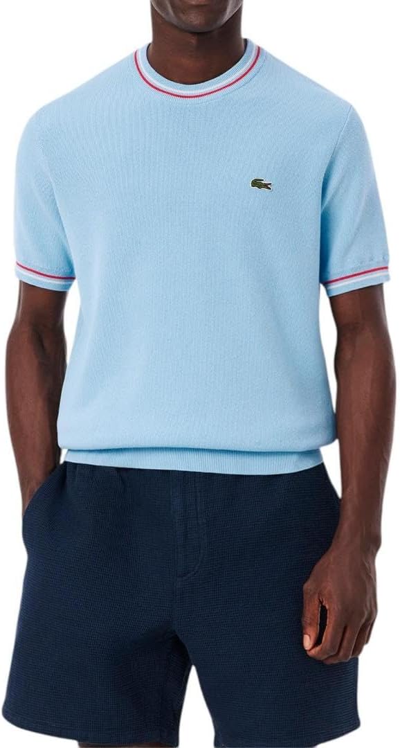 

Lacoste мужской короткий рукав классический фасон свитер с круглым вырезом, Overview Blue, Grenadine Red, & Off White