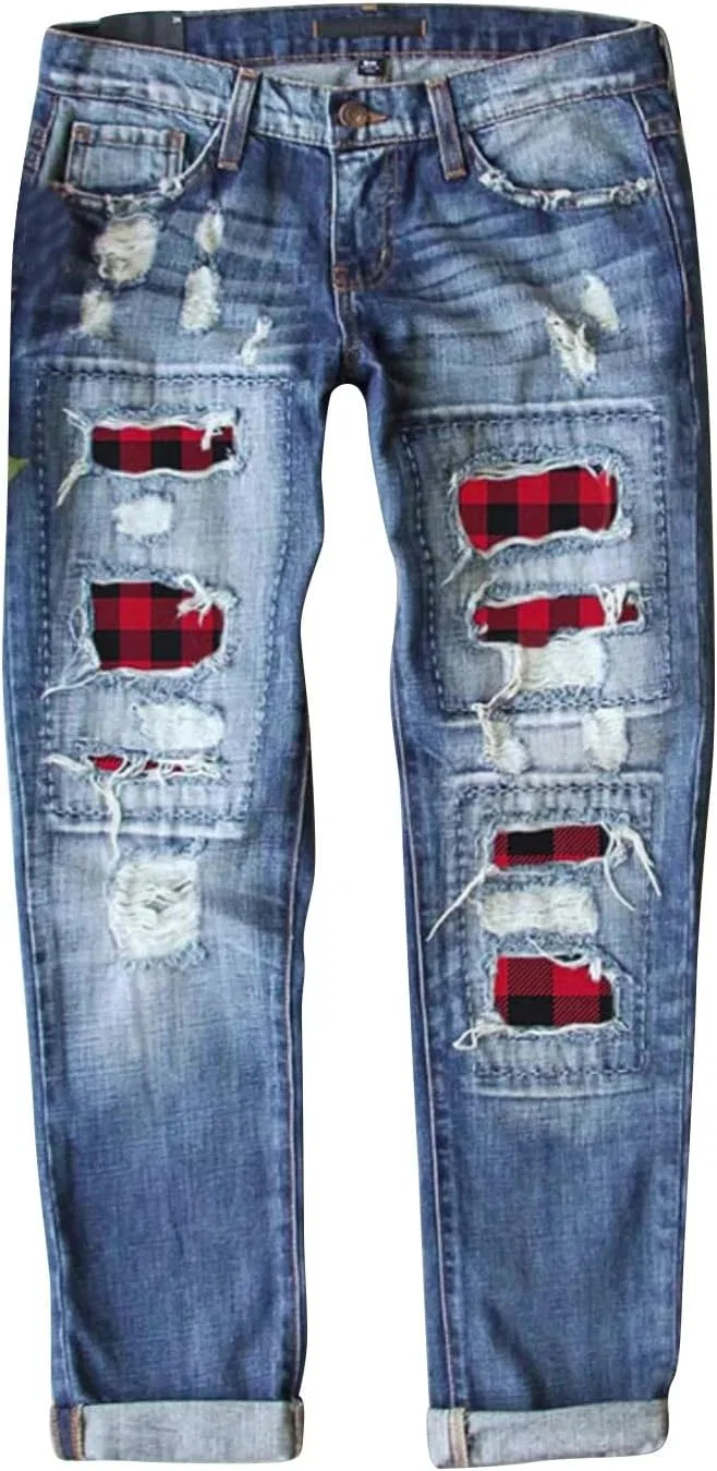 Джинсы с принтом, Womens Plaid Patch Ripped Jeans, синий