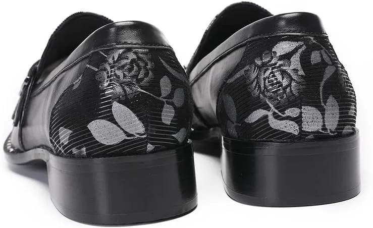 Лоферы мужские кожаные с цветочным принтом, Square Toe Metal Toe Cap, Black Dacnakby — фото 3