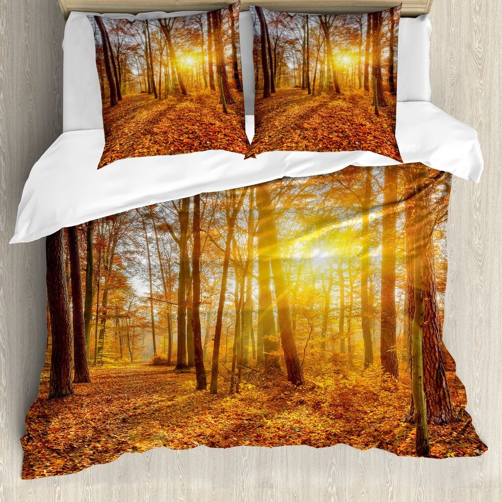 

ABAKUHAUS Пододеяльник Forest, Foggy Sunset Sunbeams, защита от клещей, подходит для аллергиков с наволочками, 200 см x 200 см - 80 x 80 см, оранжево-коричневый желтый