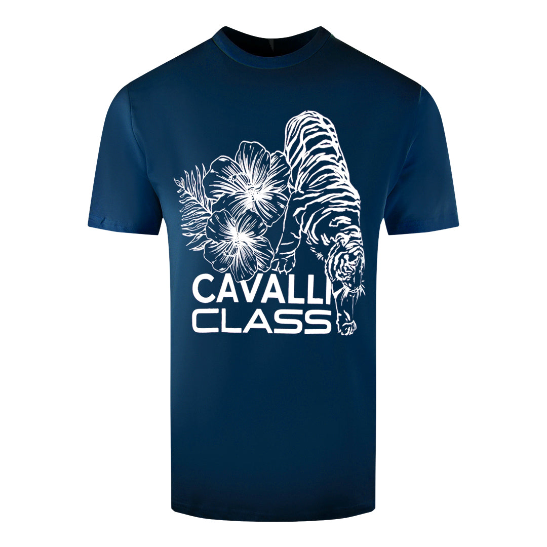 

Голубая футболка с цветочным тигровым узором Cavalli Class, синий