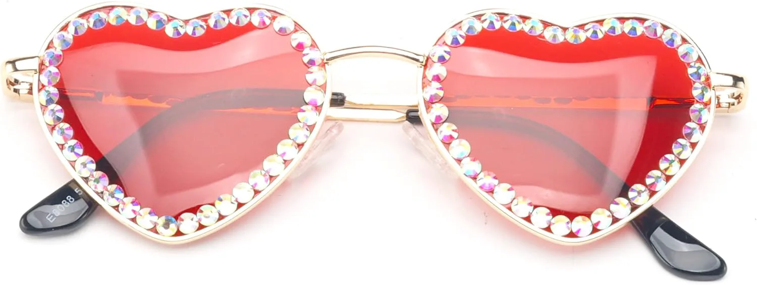 

bullabulling Винтажные солнцезащитные очки в форме сердца со стразами для женщин, блестящие бриллиантовые очки для вечеринки, хрустальные солнцезащитные очки, Red