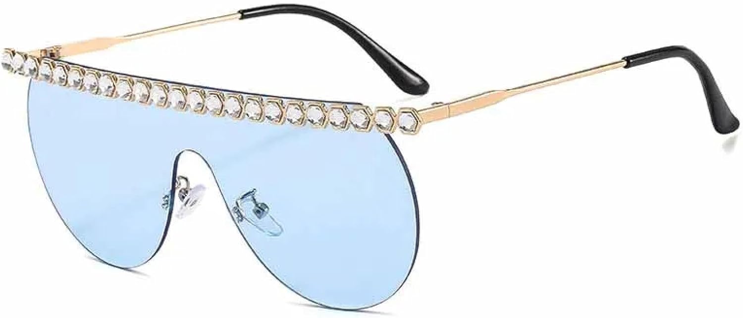 

Модные солнцезащитные очки премиум-класса без оправы, цельные, с бриллиантами, для женщин и мужчин, в стиле ретро, ​​роскошные, для вечеринок на открытом воздухе, с защитой от УФ-излучения UV400 TKKTLLT, Gold Blue