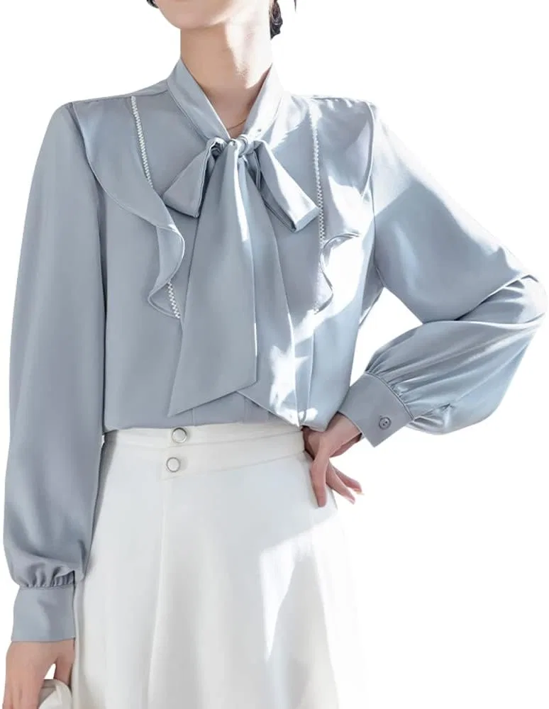 Блуза с бантом, шифоновая Bowtie Blouse, синий