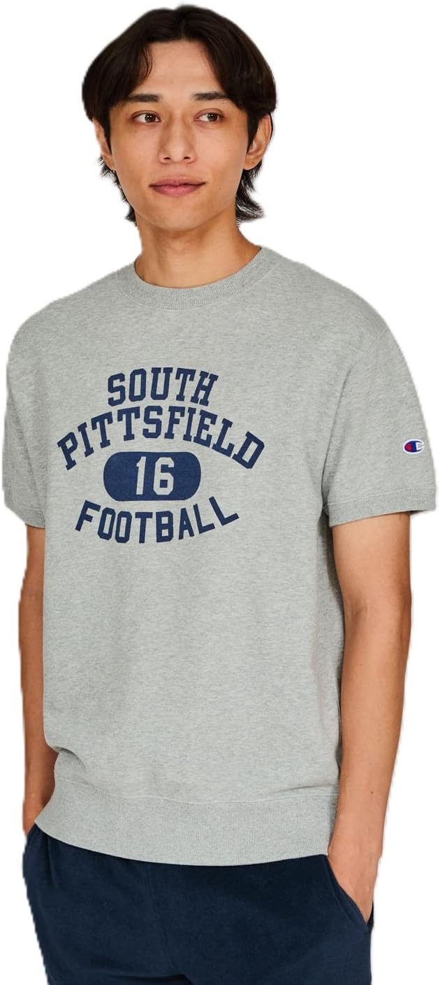 

Мужская толстовка Champion с коротким рукавом, C3-B018, произведено в США, хлопок, обработка ткани, графический принт, круглый вырез, серый