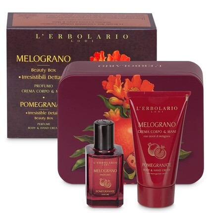 

L'Erbolario Beauty Box Неотразимые детали Элегантная жестяная подарочная коробка Ограниченный выпуск Содержит 1 аромат граната 30 мл + 1 гранатовый крем для тела и рук 75 мл Midefa