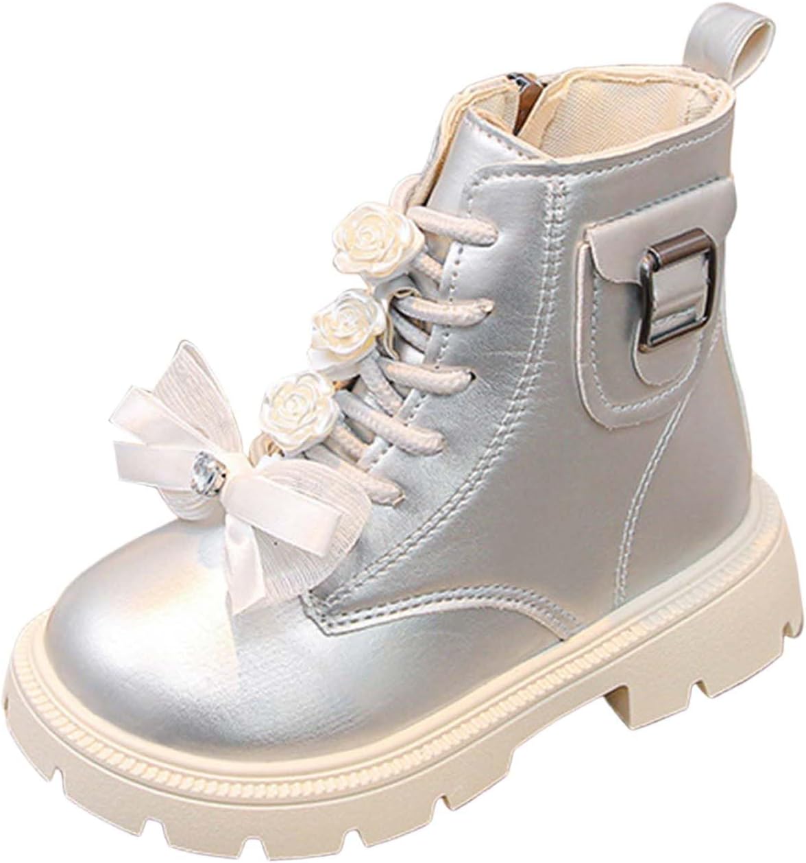

Детские ботильоны IWIHMIV для девочек, короткие сапожки, удобные, с противоскользящей подошвой, с коротким бантом и боковой молнией, Silver