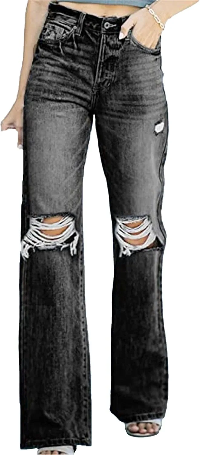 

Женские рваные джинсы с высокой талией и расклешенным низом