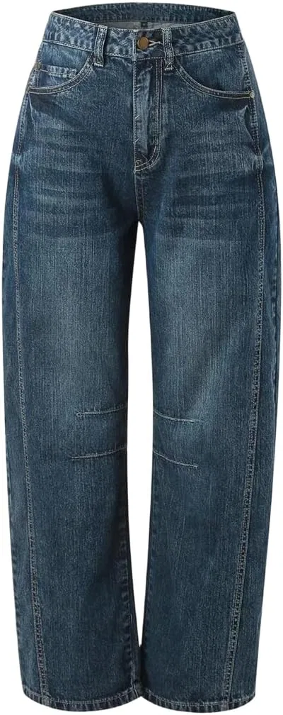 Женские джинсы Mid Rise Barrel, потертые широкие укороченные, свободный крой Boyfriend Fit с карманами Generic, синий — фото 2