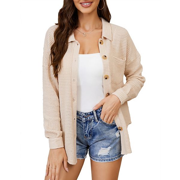 

Женский кардиган с вафельной вязкой, отложным воротником, застежкой на пуговицы спереди и нагрудным карманом для повседневной носки Clearflower, Apricot