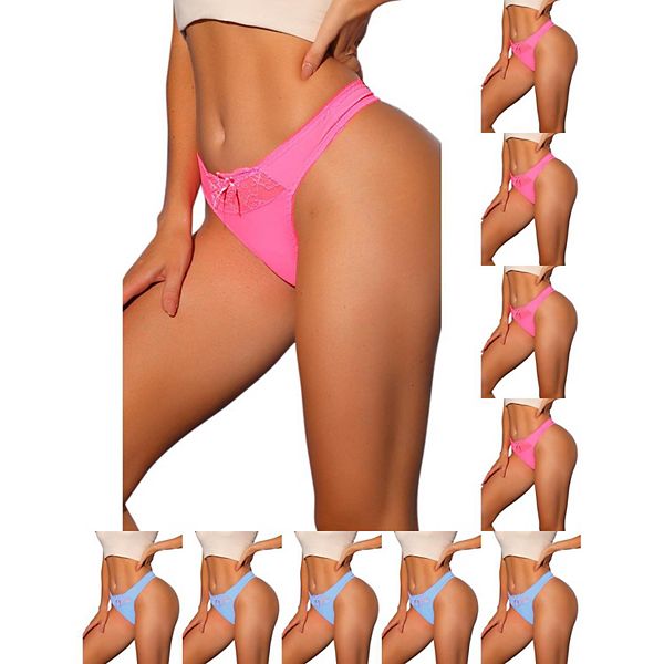 

10 пар женских бикини-трусиков с низкой посадкой из сатина с эластичным кружевом на поясе Inspire Chic, Blue Bright Pink