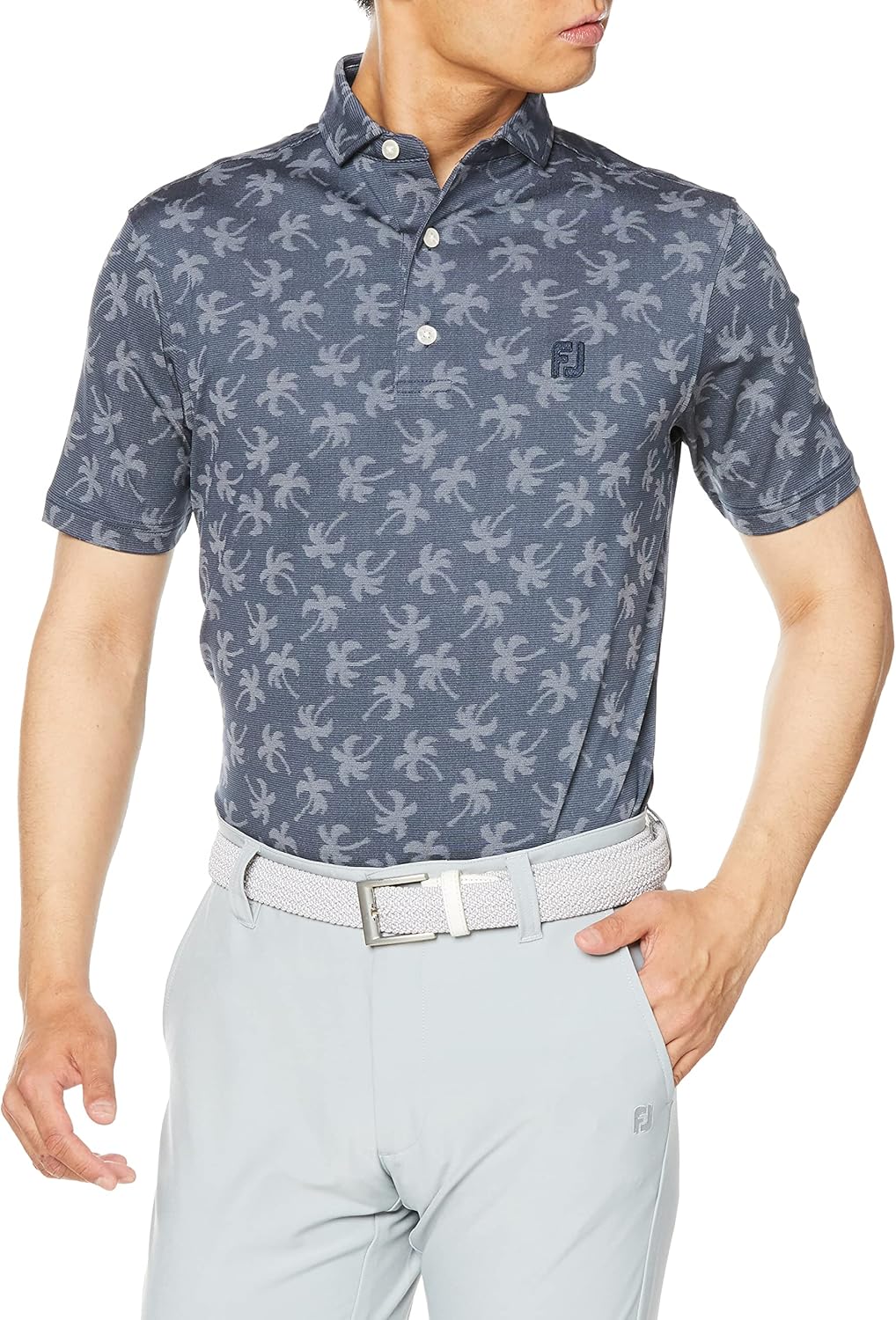 

Мужская рубашка для гольфа FootJoy, современная классическая рубашка с коротким рукавом и жаккардовым рисунком «Пальма», темно-синий