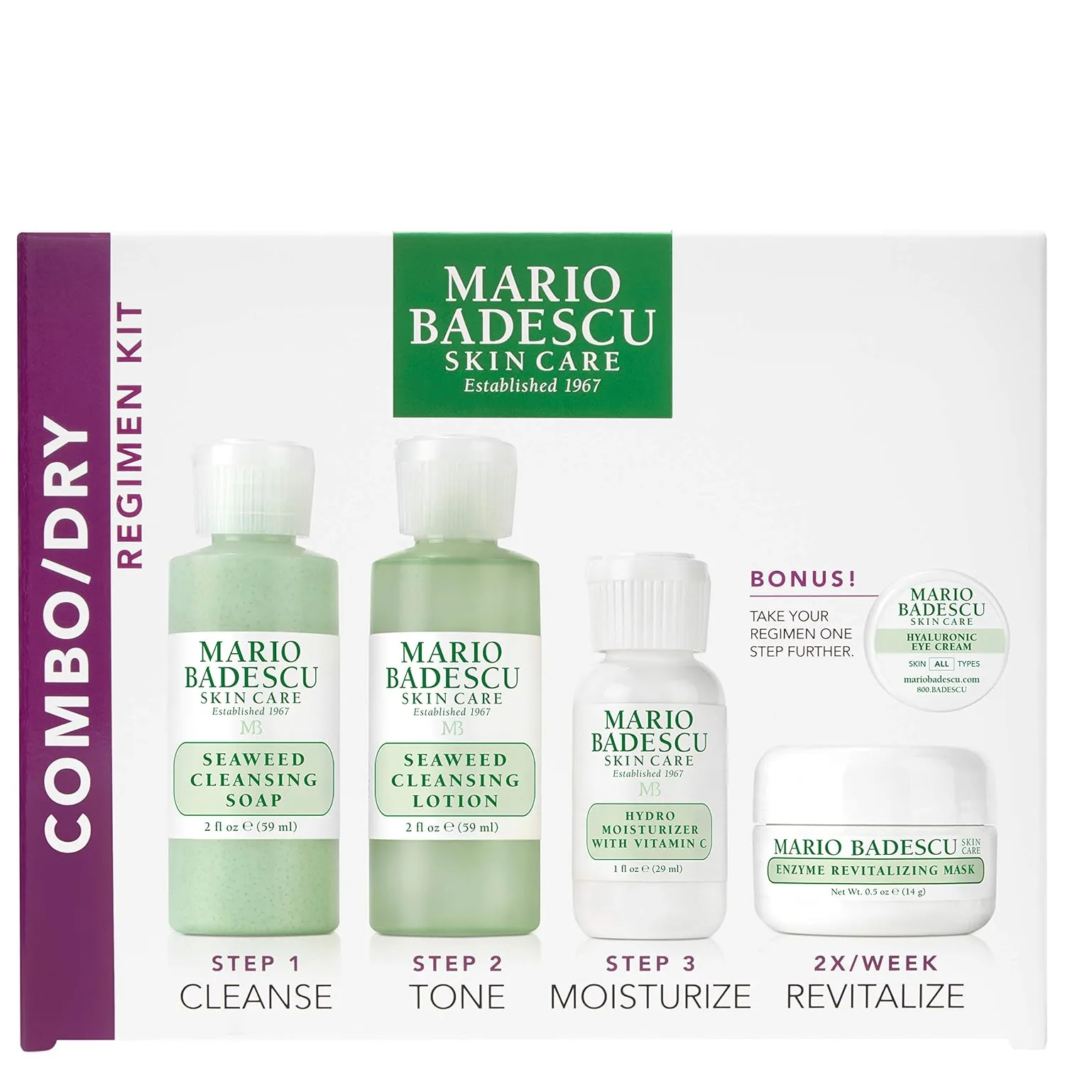 Набор для ухода Mario Badescu Combo/Dry Regimen 5 предметов: мыло для очищения Seaweed, очищающий лосьон Seaweed, увлажняющий крем Hydro, маска Enzyme Revitalizing и крем для глаз Hyaluronic Набор из 5 штук