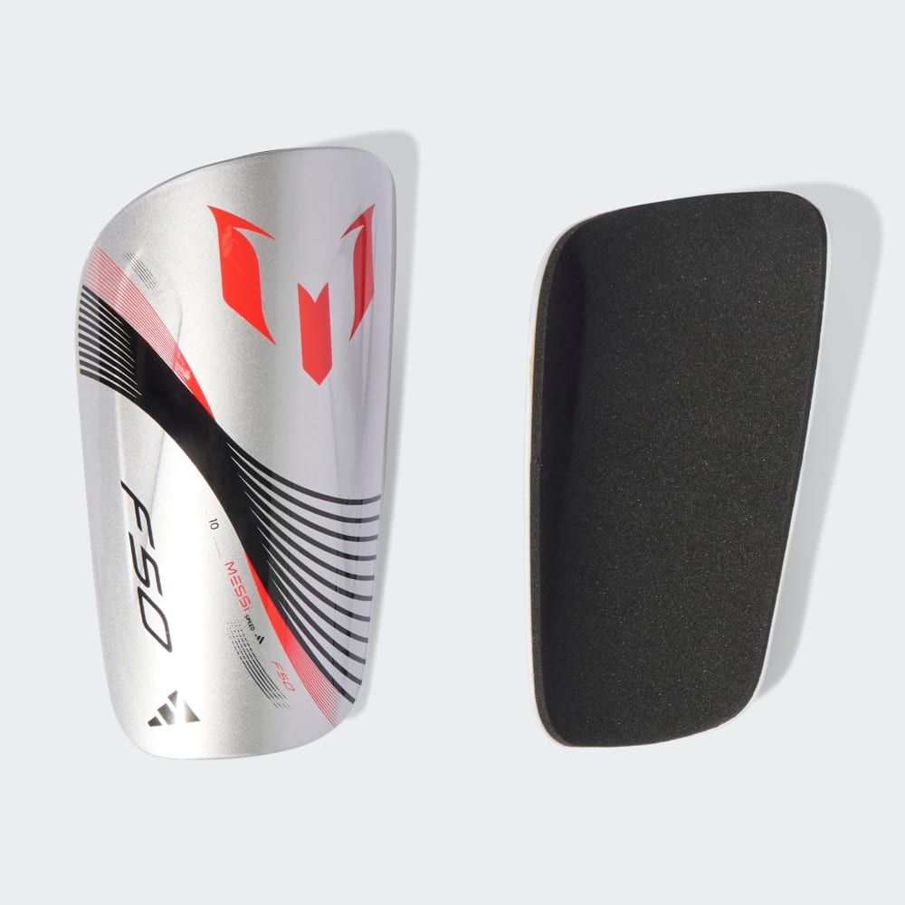 

Щитки Adidas Messi Club Shin Guards, цвет Silver Metallic/Lucid Red/Black