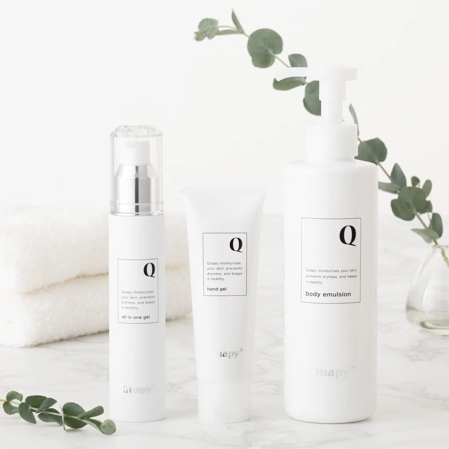 Набор для ухода за кожей All-in-One Gel, Hand Gel, Body Emulsion Quapy 3 предмета 50 г + 50 г + 250 г белый — фото 2