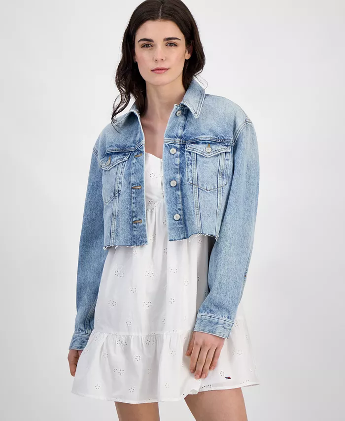 

Женская укороченная хлопковая куртка Trucker с флагом на спине Tommy Jeans, синий