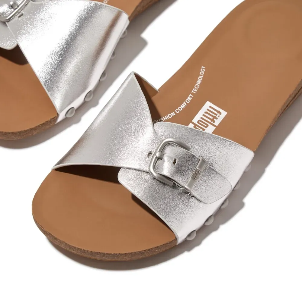Мюли Fitflop "IQUSHION ADJUSTABLE BUCKLE METALLIC-LETHER SLIDES", каблук-танкетка, летняя обувь, тапочки с регулируемой повязкой, серебристый — фото 2