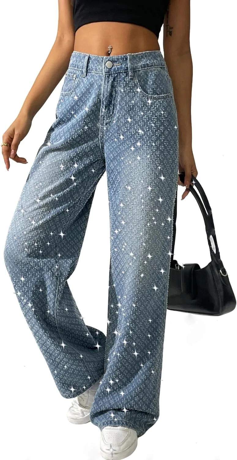 

Heipeiwa Женские джинсы с пайетками и стразами прямого кроя