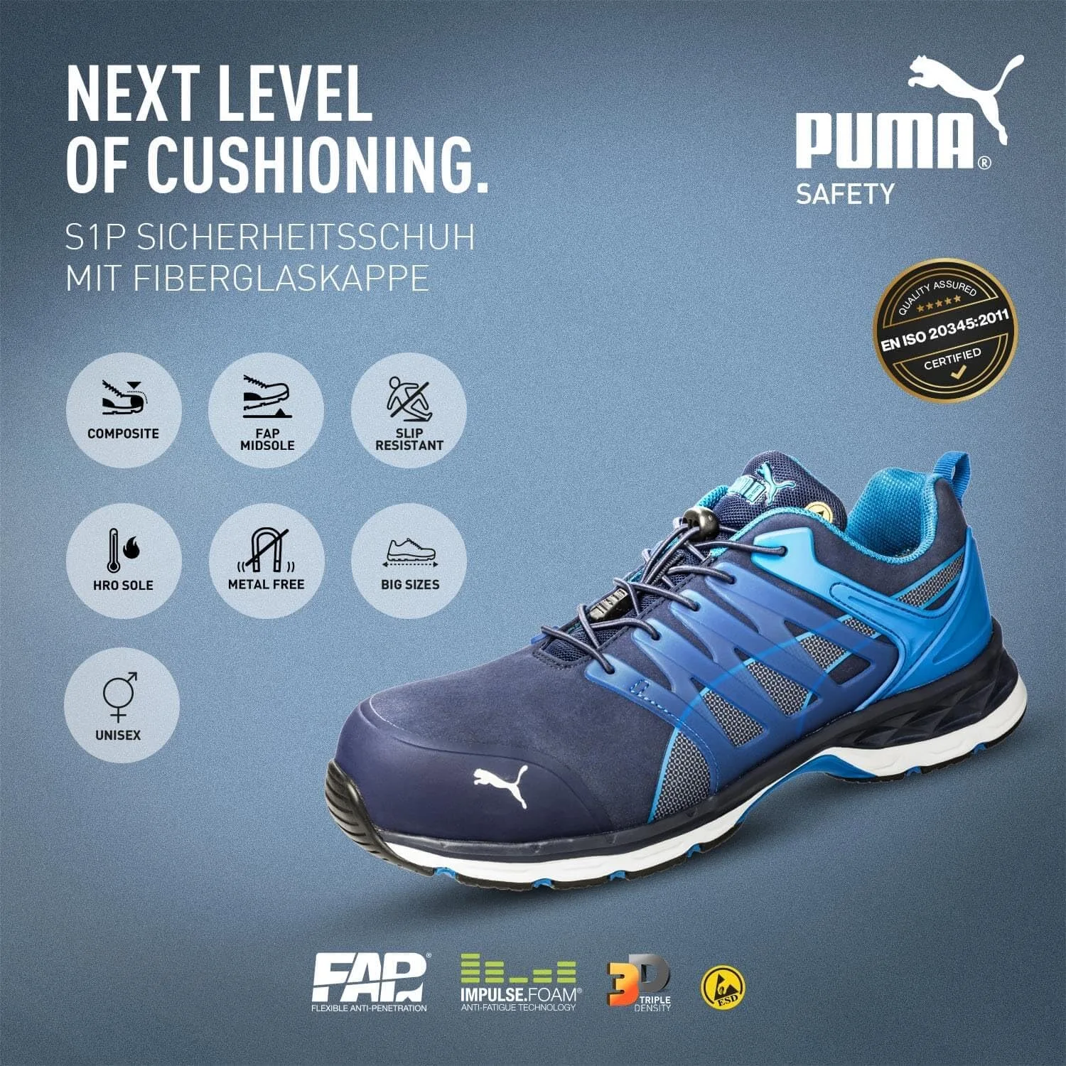 Рабочие кроссовки PUMA Safety Velocity 2.0 синего цвета, низкие, модель S1P SRC, с защитным козырьком из стекловолокна, мужские — фото 4
