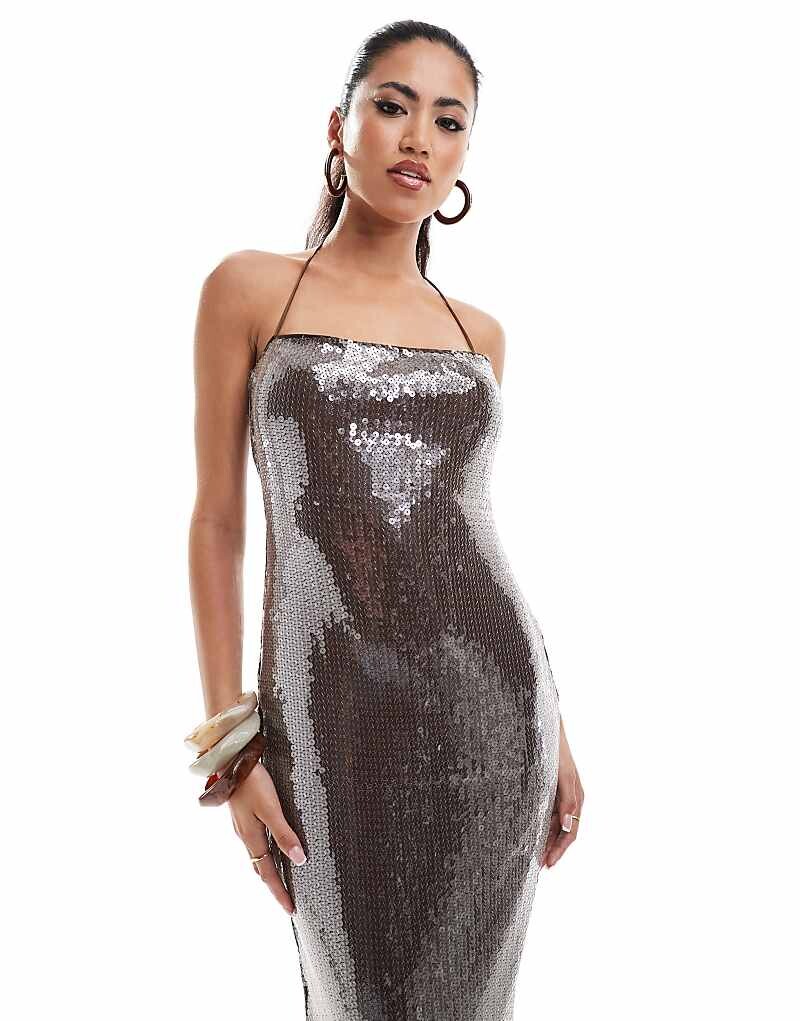 

Прозрачное платье миди шоколадного цвета с пайетками, вырезом бретелькой и перекрещенными бретелями ASOS DESIGN