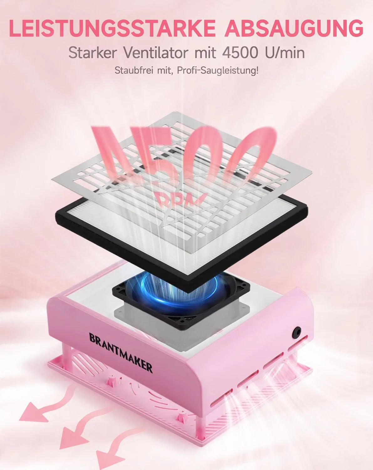 Пылесборник для ногтей BRANTMAKER 60 Вт с щеткой и 2 фильтрами Brantmaker, Pink — фото 2