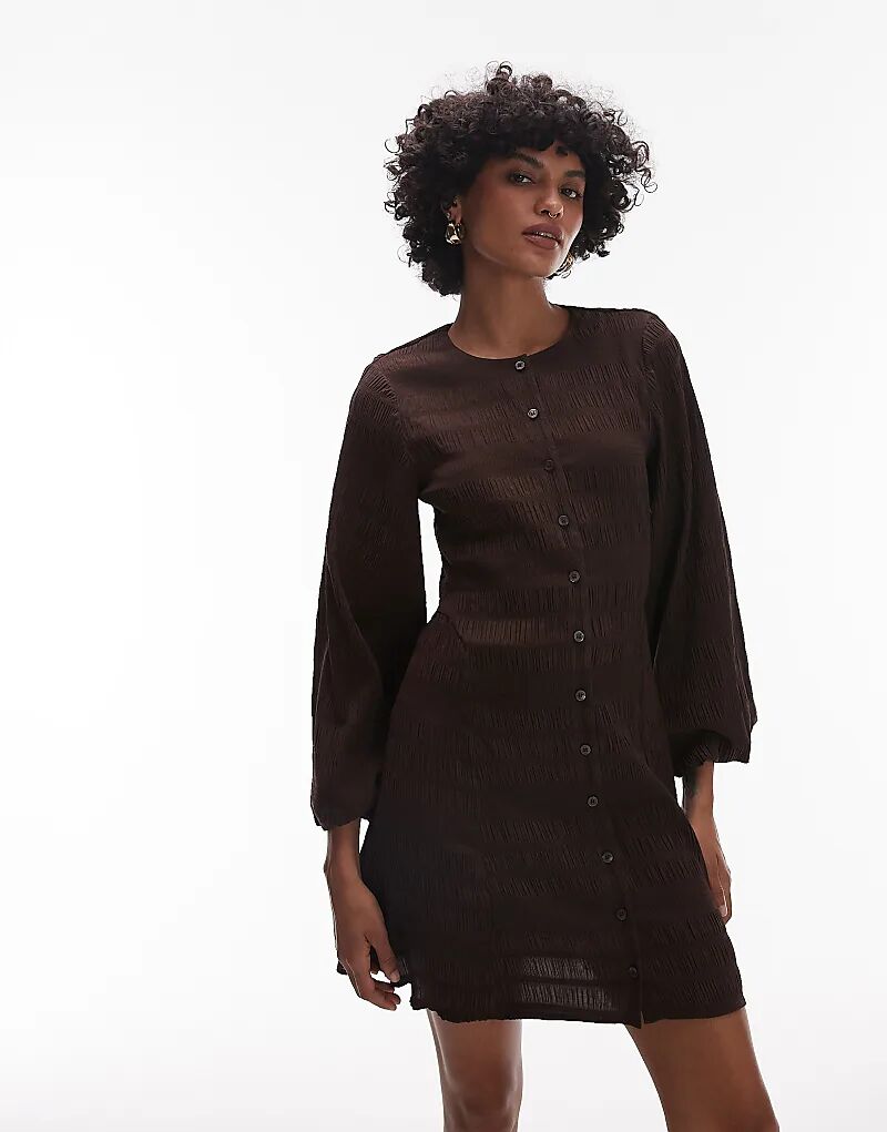 

& Other Stories мини-платье со сборками и объемными рукавами коричневого цвета