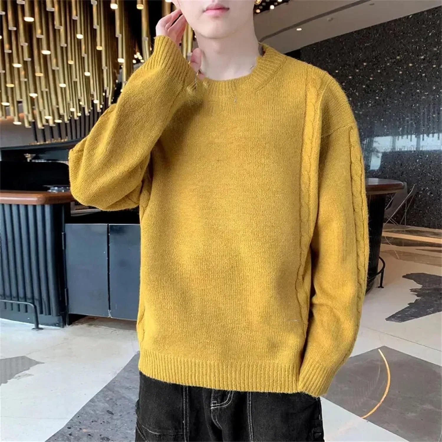 Generic Желтый свитер мужской зимний однотонный шерстяной свитер slim fit мужской стритвир O-образный воротник вязаный свитер ретро пуловер для мужчин — фото 2