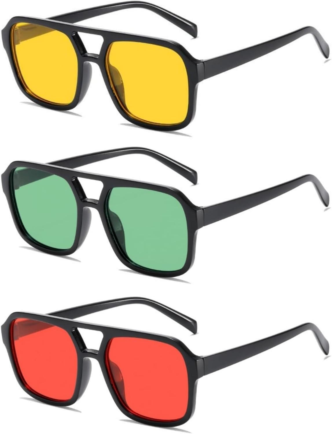 

Ретро-солнцезащитные очки-авиаторы квадратной формы в стиле 70-х годов для женщин и мужчин, винтажные прямоугольные солнцезащитные очки в плоской оправе, модные очки IKUVNA, 3 Pack Yellow+green+red