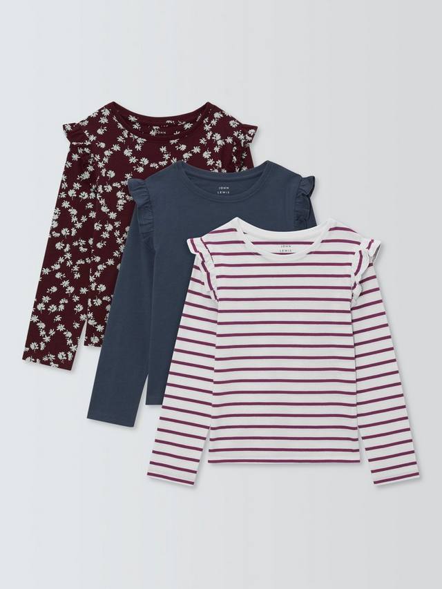 

Детские топы из джерси с цветочным принтом и рюшами John Lewis, Pack of 3, Berry, Navy