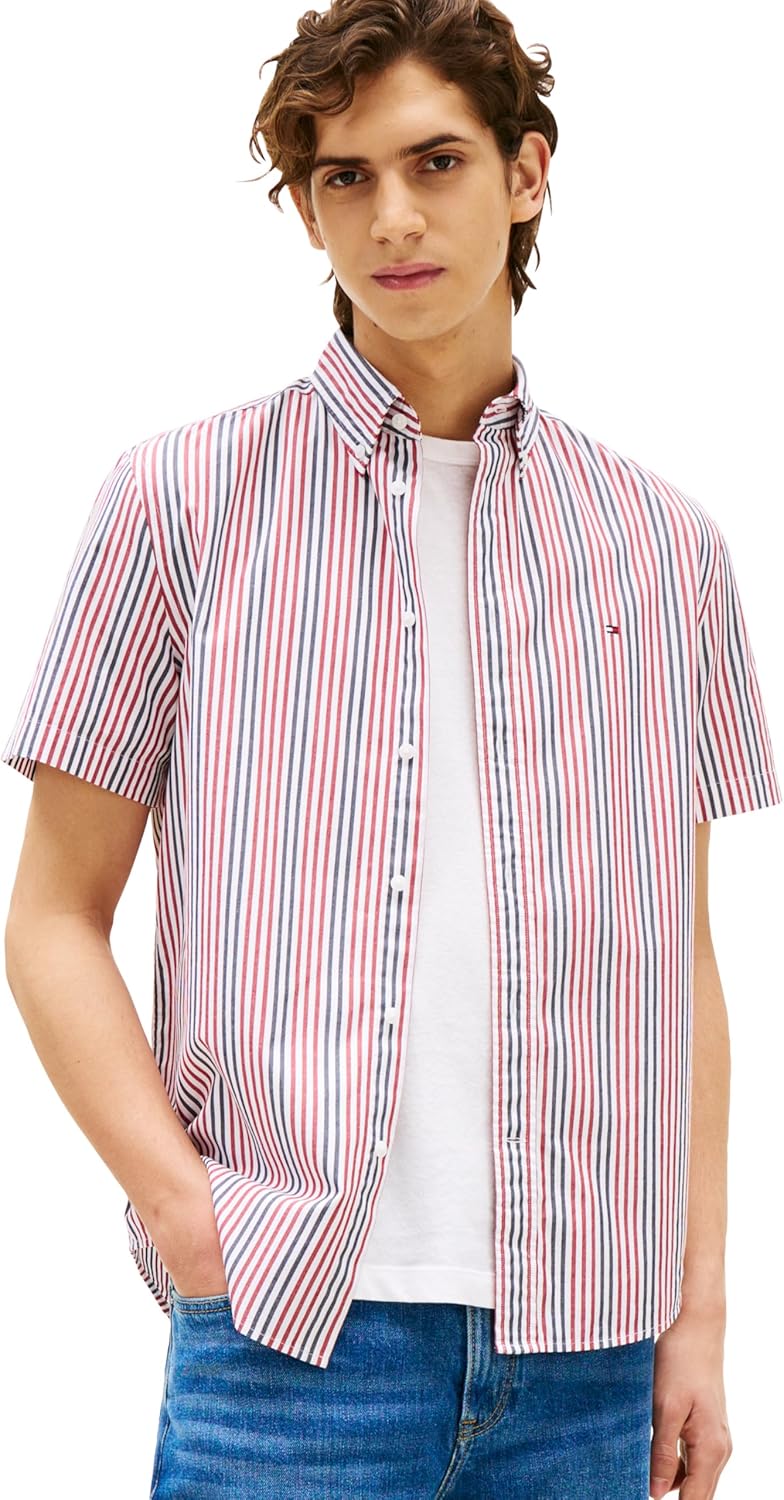 

Рубашки оксфорды Tommy Hilfiger Men's с коротким рукавом, классический крой, мужские рубашки на пуговицах, Medium Red / Multi