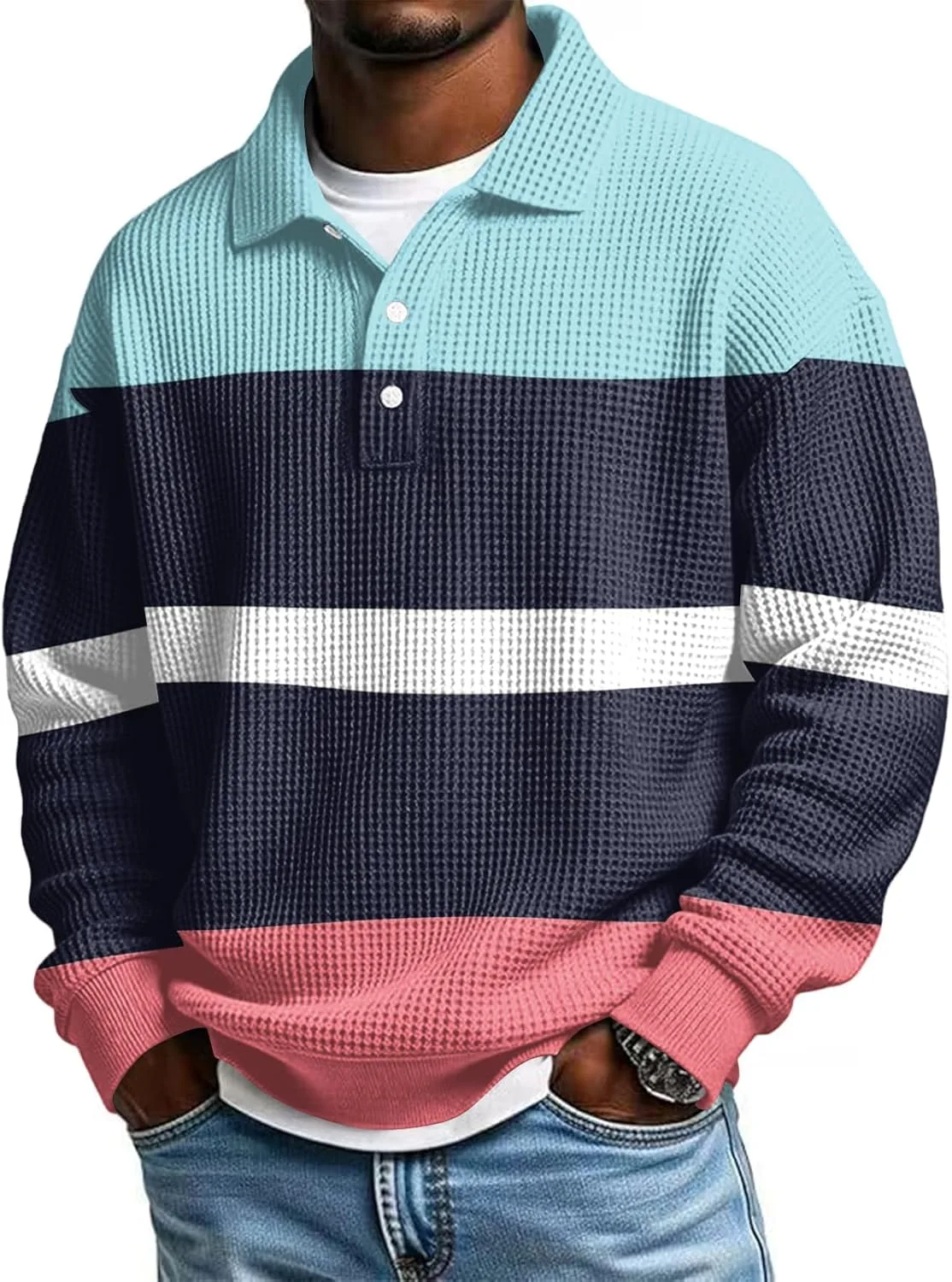 

Длинная поло с длинным рукавом для мужчин Waffle Color Block с воротником на пуговицах Bakgeerle