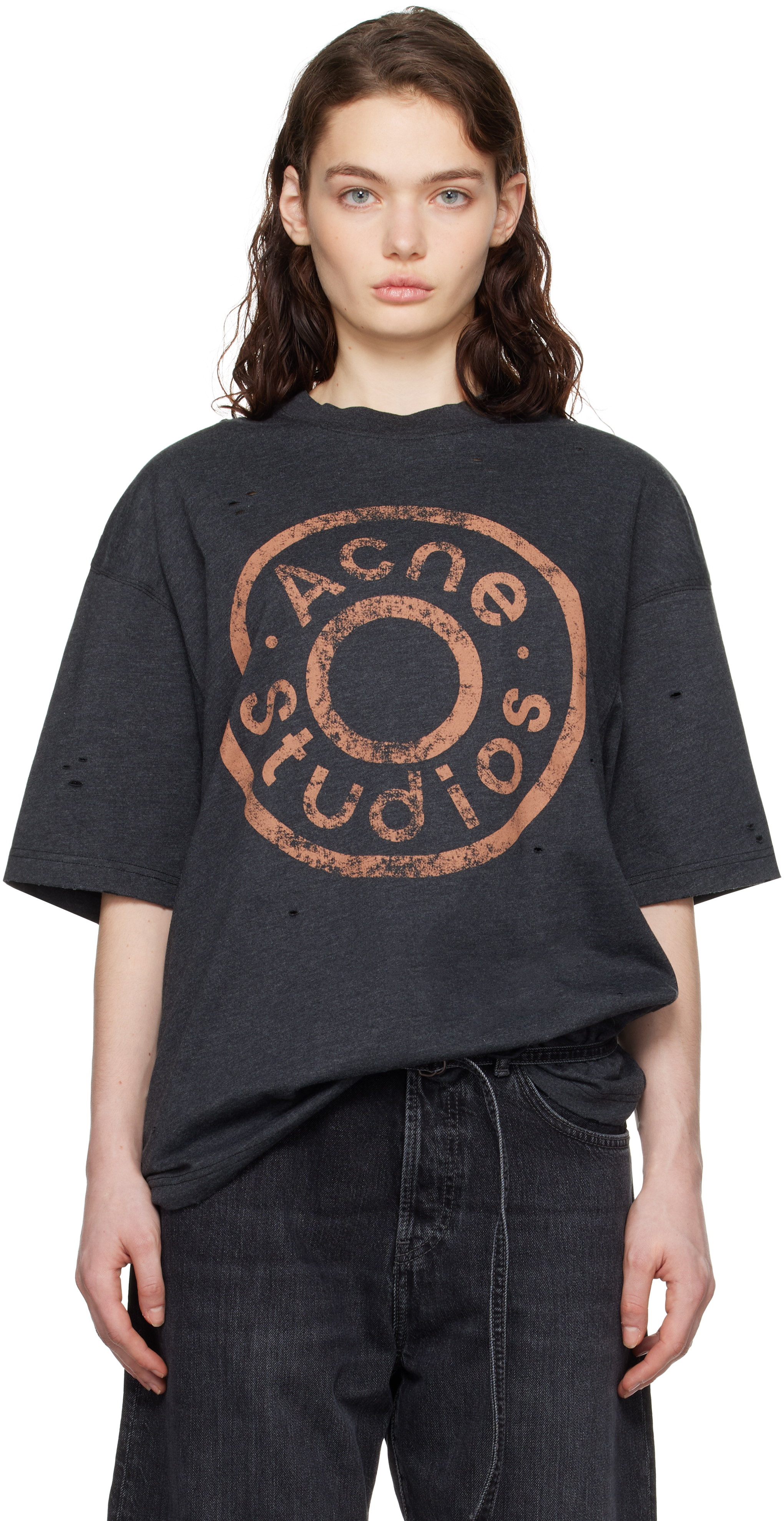 

Серая футболка свободного кроя с логотипом Acne Studios, Black melange