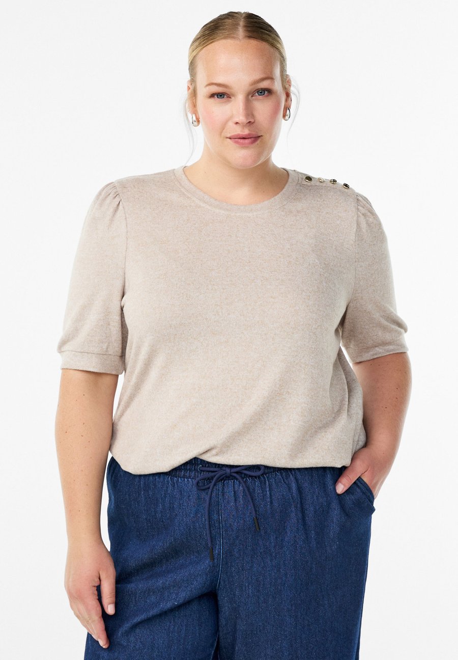 

Блуза Zizzi MIT KNOPFDETAIL UND KURZEN PUFFÄRMELN, Simply Taupe Mél/Mottled Beige