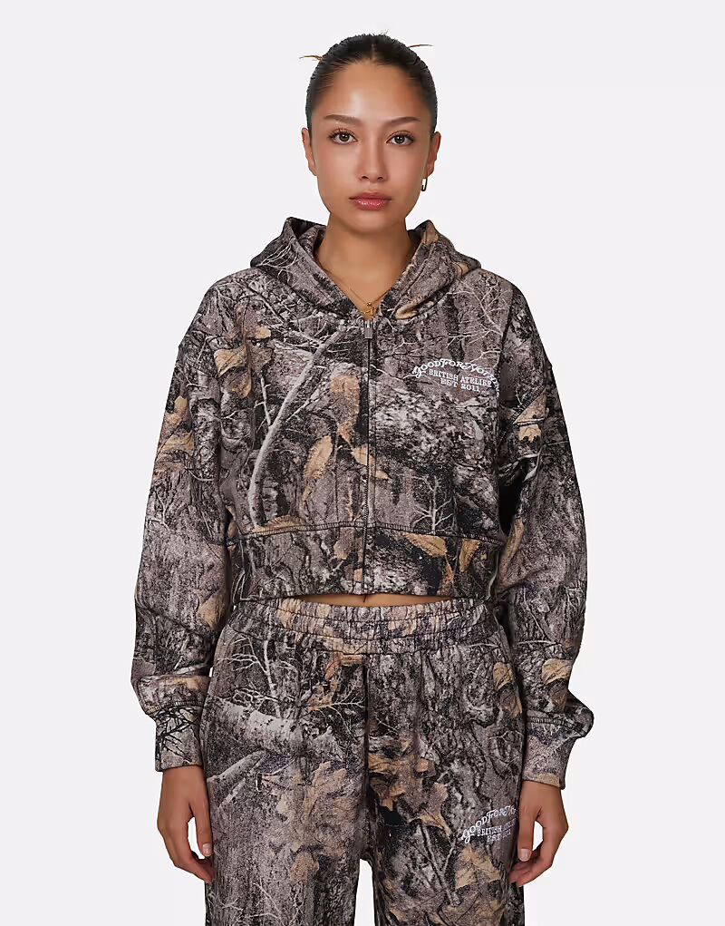 

Укороченная свободная толстовка с капюшоном на молнии с камуфляжным принтом коричневого цвета Good For Nothing