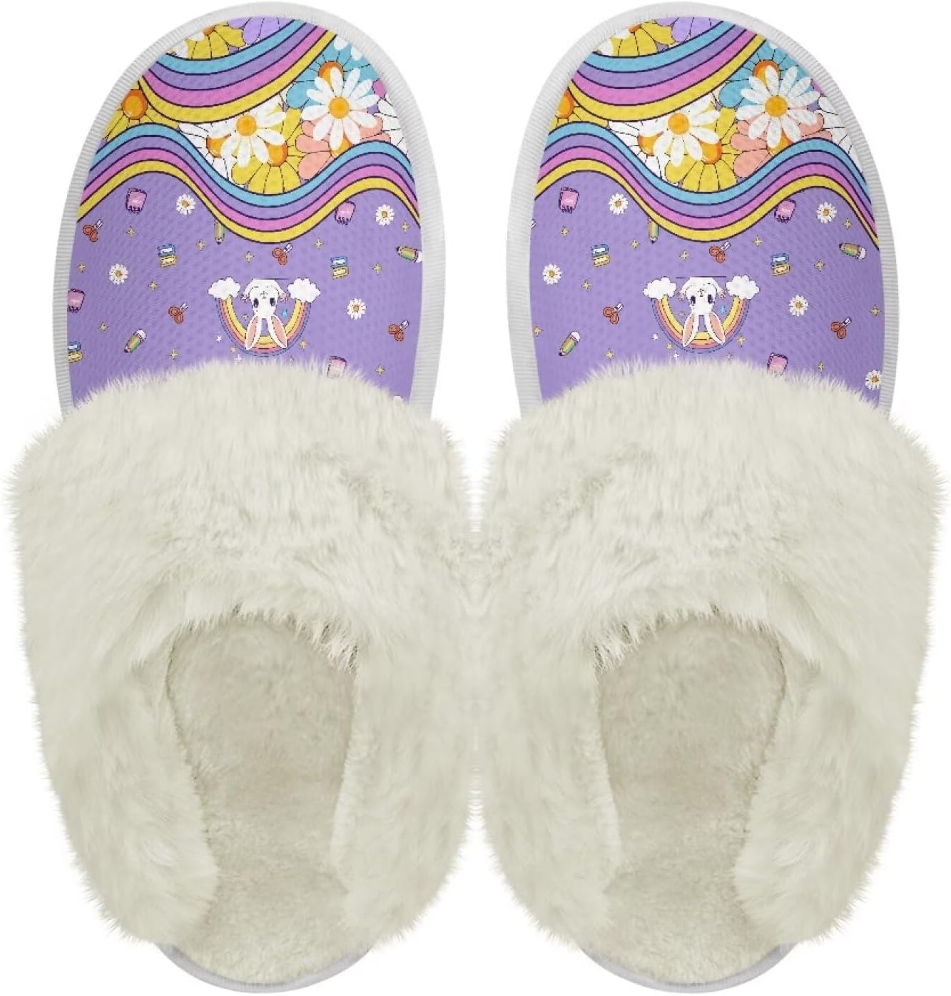 

Хлопковые тапочки PJHEQOXE с пушистыми краями, домашние тапочки для дома и улицы, хлопковые тапочки унисекс, Rainbow Rabbit