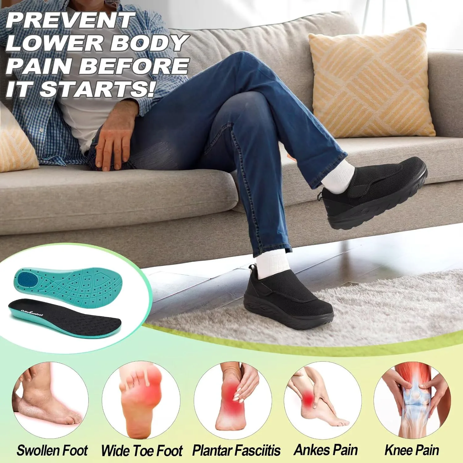Мужские ортопедические кроссовки OrthoComfoot с широкой колодкой, регулируемые, для повседневной носки, черные — фото 2