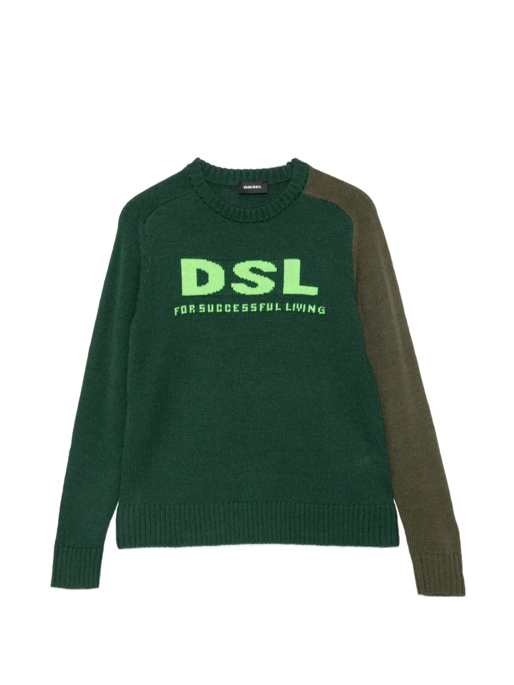 Свитер с цветовыми блоками и интарсией логотипа Diesel Kids, зеленый