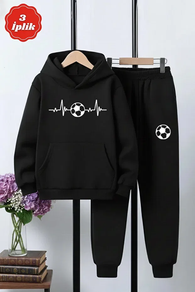 Детский спортивный костюм для мальчиков с принтом Football Printed Kangaroo Pocket Fyk Kids, Black