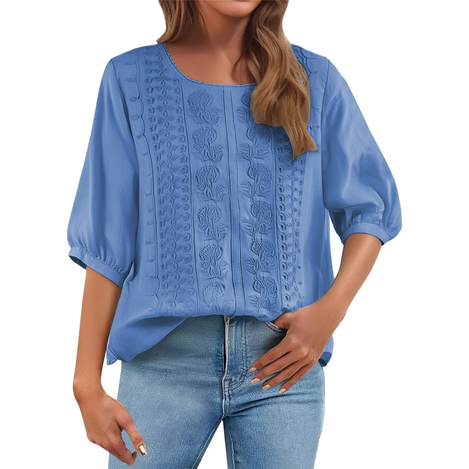 Женская блуза с цветочной вышивкой Cotton Linen Tops, Z12-blue Linen Shirts for Women