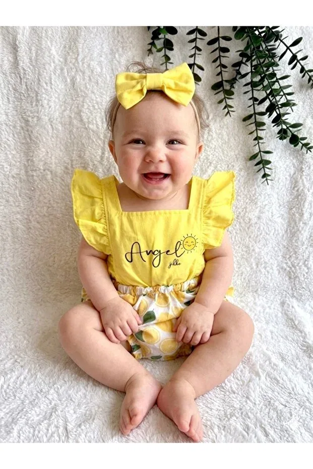 Детский комбинезон для девочек с принтом Angel jikko baby girl romper with written bandana - lemon and avocado fruit patterned cotton salopet Beren, Yellow