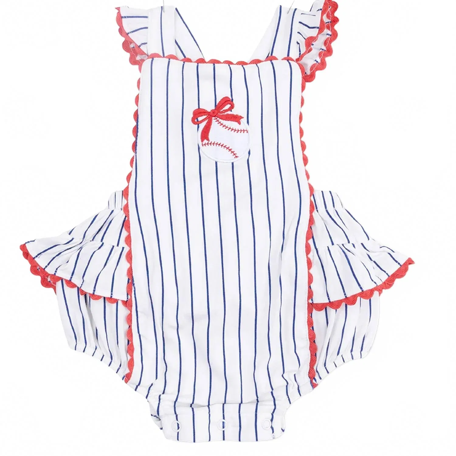 Детский боди-комбинезон с принтом полоска Baseball Stripe Ric Rac Ruffle Sunsuit Angel Dear, синий — фото 2