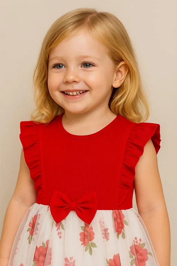 Детское платье для девочек с принтом Floral patterned baby girl dress with bow sleeveless tutu skirt - princess birthday Dinamik Çocuk, Red — фото 3
