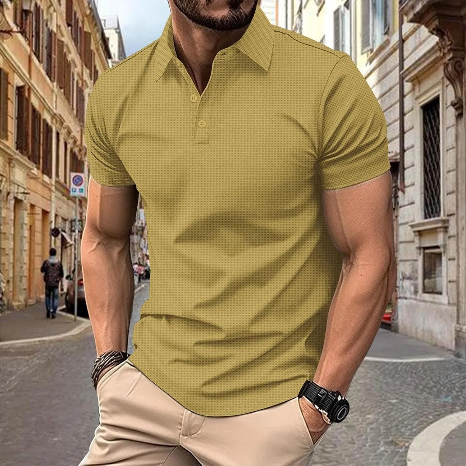 Мужская дышащая футболка вафельной вязки с воротником, Yellow — фото 2