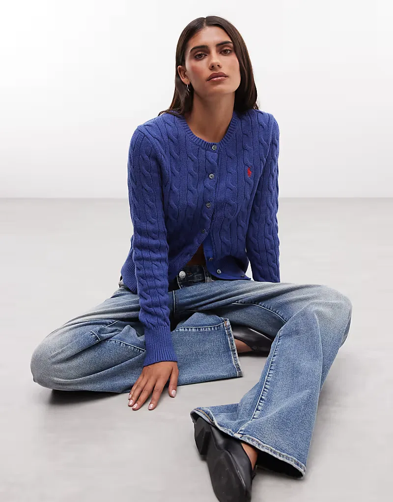 Кардиган из хлопка с косами и логотипом Polo Ralph Lauren, синий