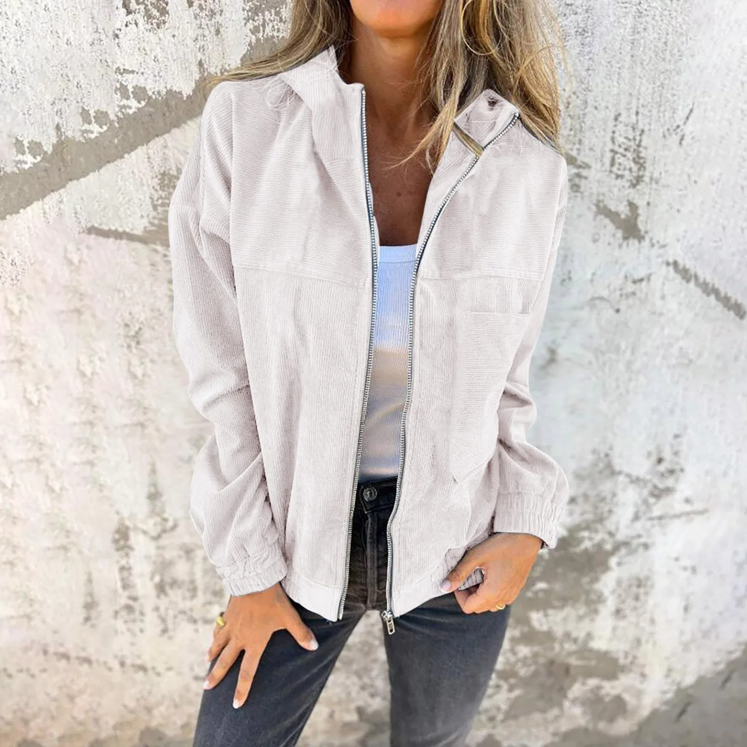 Женское пальто из вельвета с молнией Shacket Zip Up, bianco — фото 4