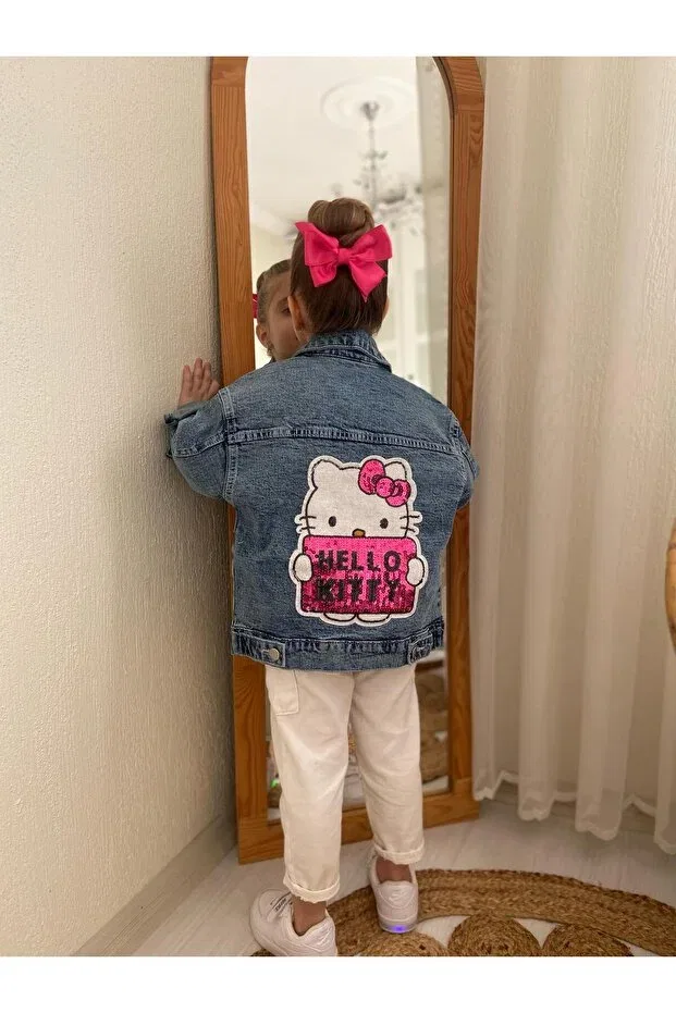 Детский джинсовое джакет для девочек с принтом Hello Kitty Embroidered Denim Jacket Pink Hippo Kids, Naturel Blue