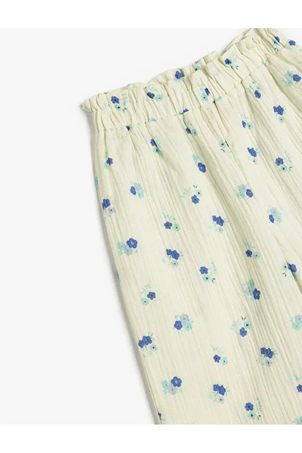 Детские брюки для девочек с принтом Floral Trousers Wide Leg Elastic Waist Cotton Koton, Blue Patterned — фото 3